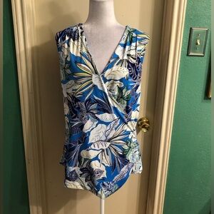 Blue Tropical Print Sleeveless Fancy Top